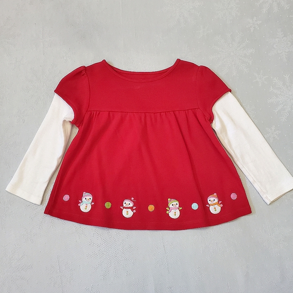 Gymboree Red White Long Sleeve Snowman Front Border Top Baby Girl 18-24 Months - Picture 1 of 7